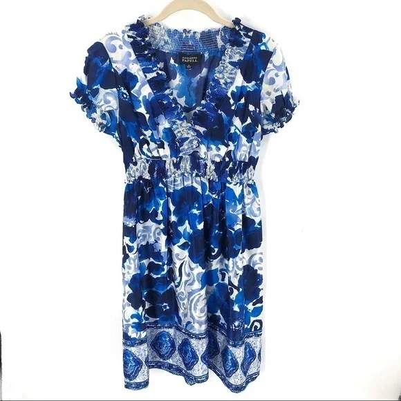 Adrianna Papell Dress Womens 8 Smocked Waist Silk Blend Floral Fairy Whimsy - Picture 2 of 10